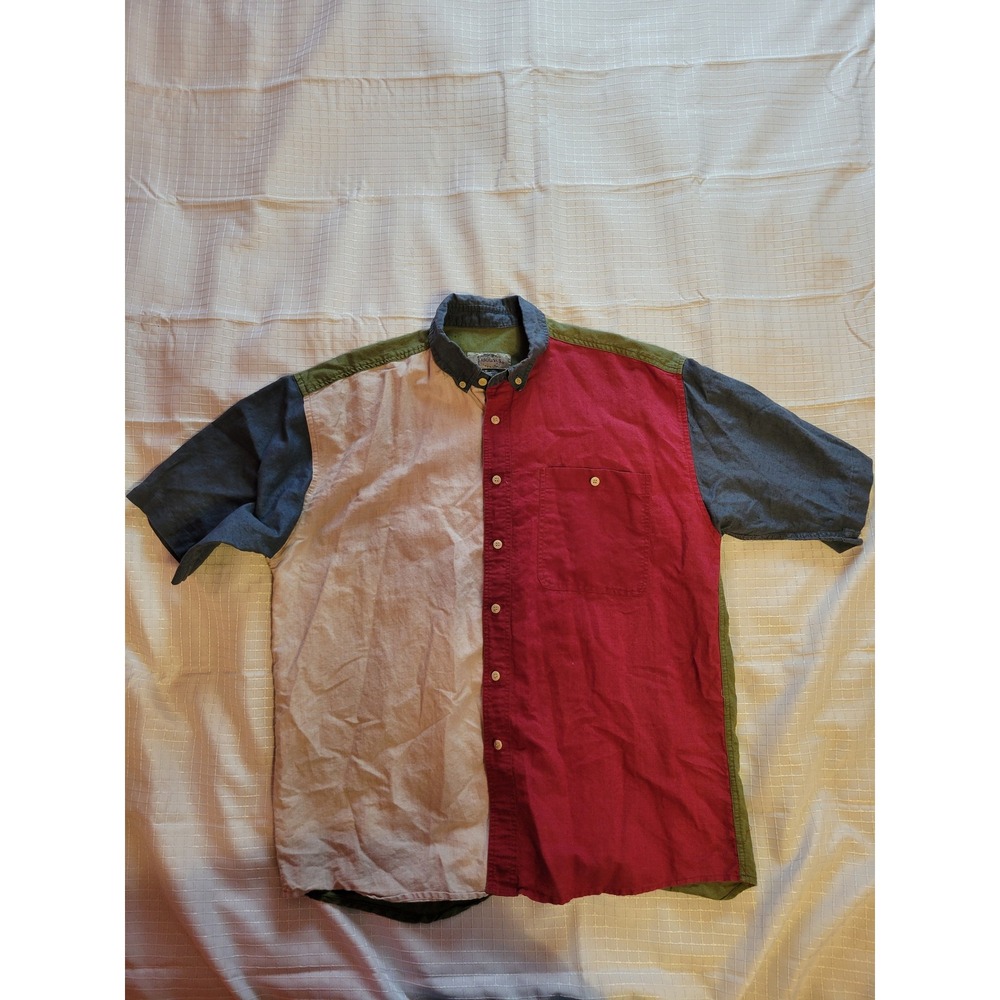 Higgings Mens Colorblock Ramie Cotton Short Sleeve Button Down Shirt Red Green M